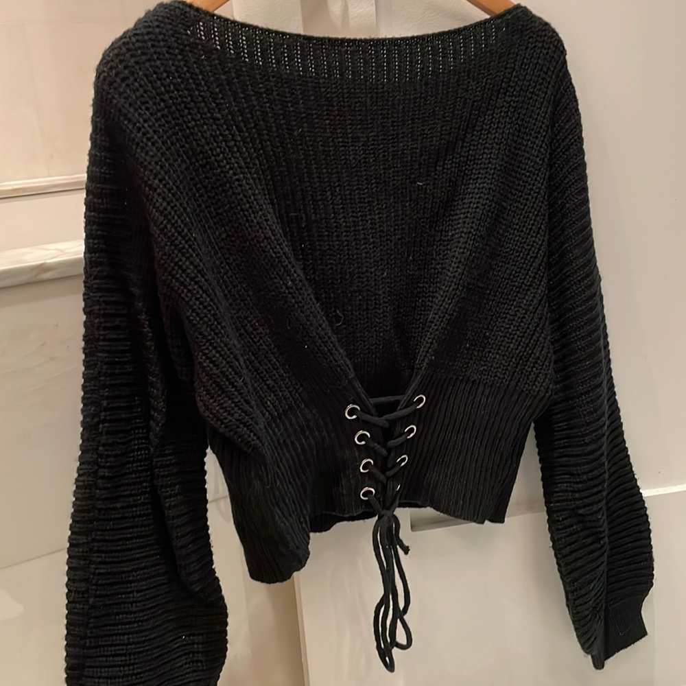 Black Lace Up Front Sweater